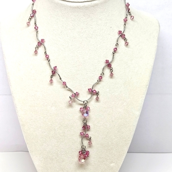 Vintage Jewelry - VINTAGE Pink Beaded Y-Drop Lariat Silver Tone Dainty Necklace